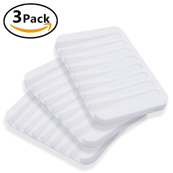 MelonBoat 3 Pack Silicone Shower Soap Dish Set, Soap Saver Holder, Rectangle Concave White