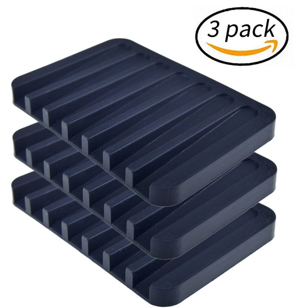 MelonBoat 3 Pack Silicone Shower Soap Dish Set, Soap Saver Holder, Rectangle Black