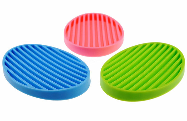 MelonBoat 3 Pack Silicone Shower Soap Dish Set, Soap Saver Holder, Oval 3 Colors
