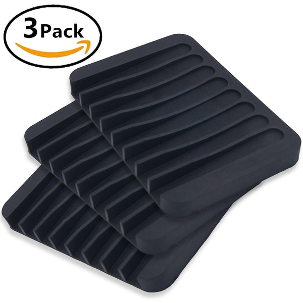 MelonBoat 3 Pack Silicone Shower Soap Dish Set, Soap Saver Holder, Rectangle Concave Black