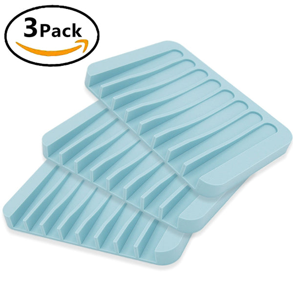 MelonBoat 3 Pack Silicone Shower Soap Dish Set, Soap Saver Holder, Rectangle Concave Baby Blue